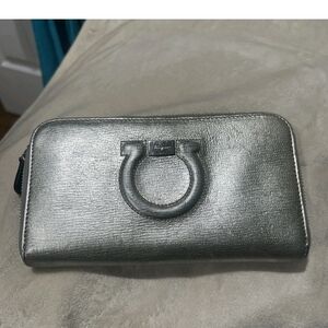 Salvatore Ferragamo Metallic Silver Zip Wallet